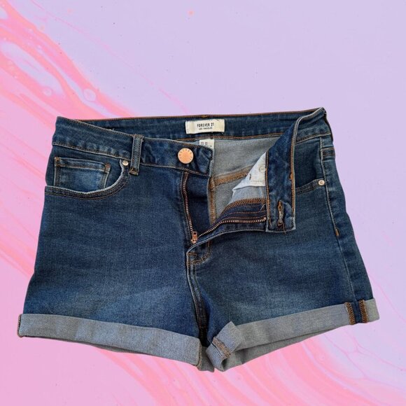 Forever 21 Curvy Fit High Rise Stretchy Rolled Cuff Blue Denim Jean Shorts - Picture 3 of 9